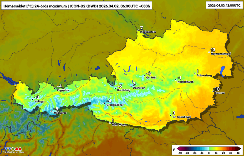 osztrák csúcshőmérséklet előrejelzés, kiemelve néhány hegycsúcs